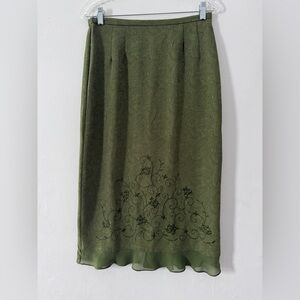 Karin Stevens Olive Green Textured Midi Skirt with Scalloped Hem